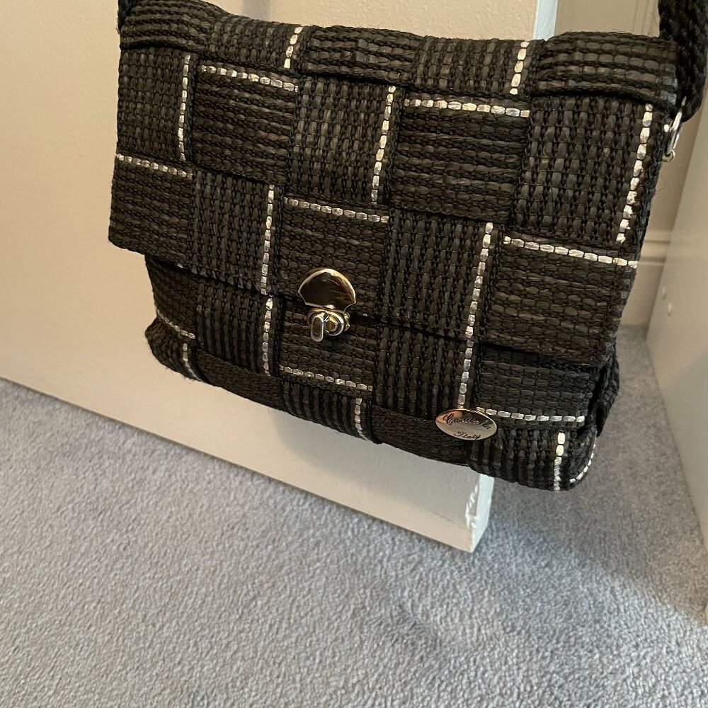 Cara Bella black gold silver straw like handbag